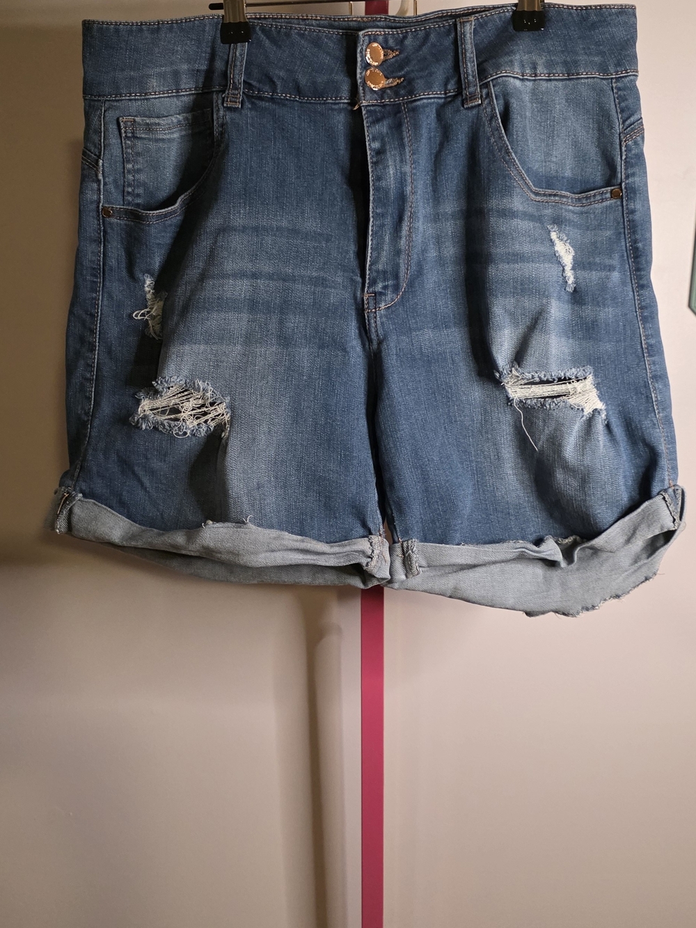 C'est Toi Sz 2xl High-Rise Distressed Rolled-Cuff Denim Shorts - Blue
